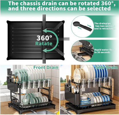 Égouttoir à Vaisselle 2 Niveaux en Acier Inoxydable avec Système de Drainage Automatique à 360°