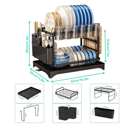 Égouttoir à Vaisselle 2 Niveaux en Acier Inoxydable avec Système de Drainage Automatique à 360°