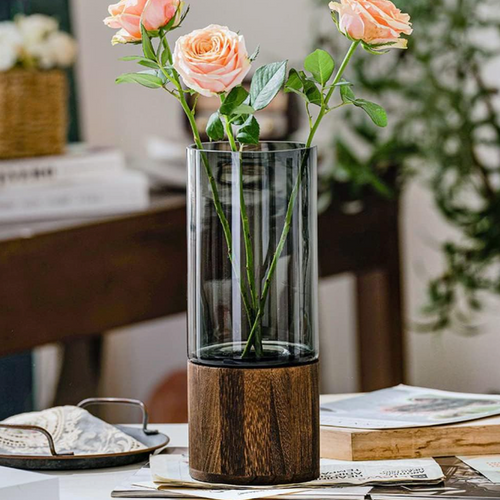 Vase Moderne en Verre avec Socle en Bois