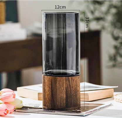 Vase Moderne en Verre avec Socle en Bois