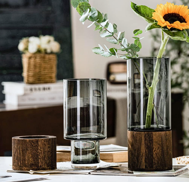 Vase Moderne en Verre avec Socle en Bois