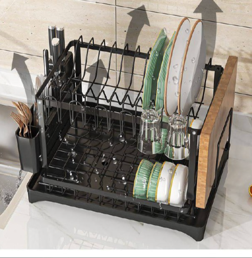 Égouttoir à Vaisselle 2 Niveaux en Acier Inoxydable avec Système de Drainage Automatique à 360°