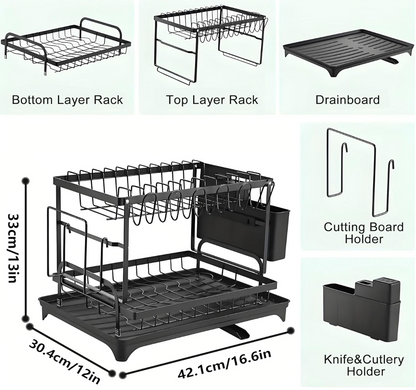 Égouttoir à Vaisselle 2 Niveaux en Acier Inoxydable avec Système de Drainage Automatique à 360°