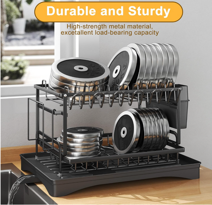 Égouttoir à Vaisselle 2 Niveaux en Acier Inoxydable avec Système de Drainage Automatique à 360°